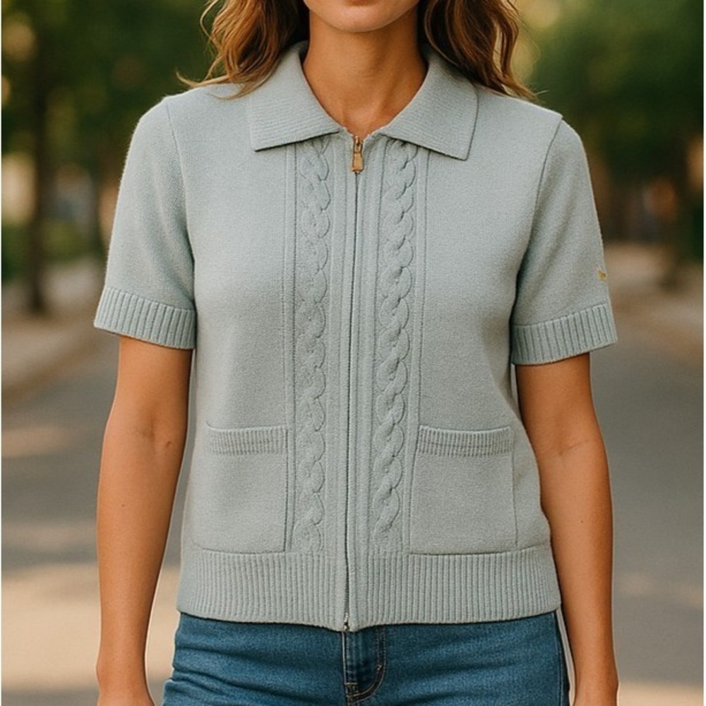 St John Sport Zip Up Cable Knit Cardigan Womens P Blue Short Sleeve Sweater